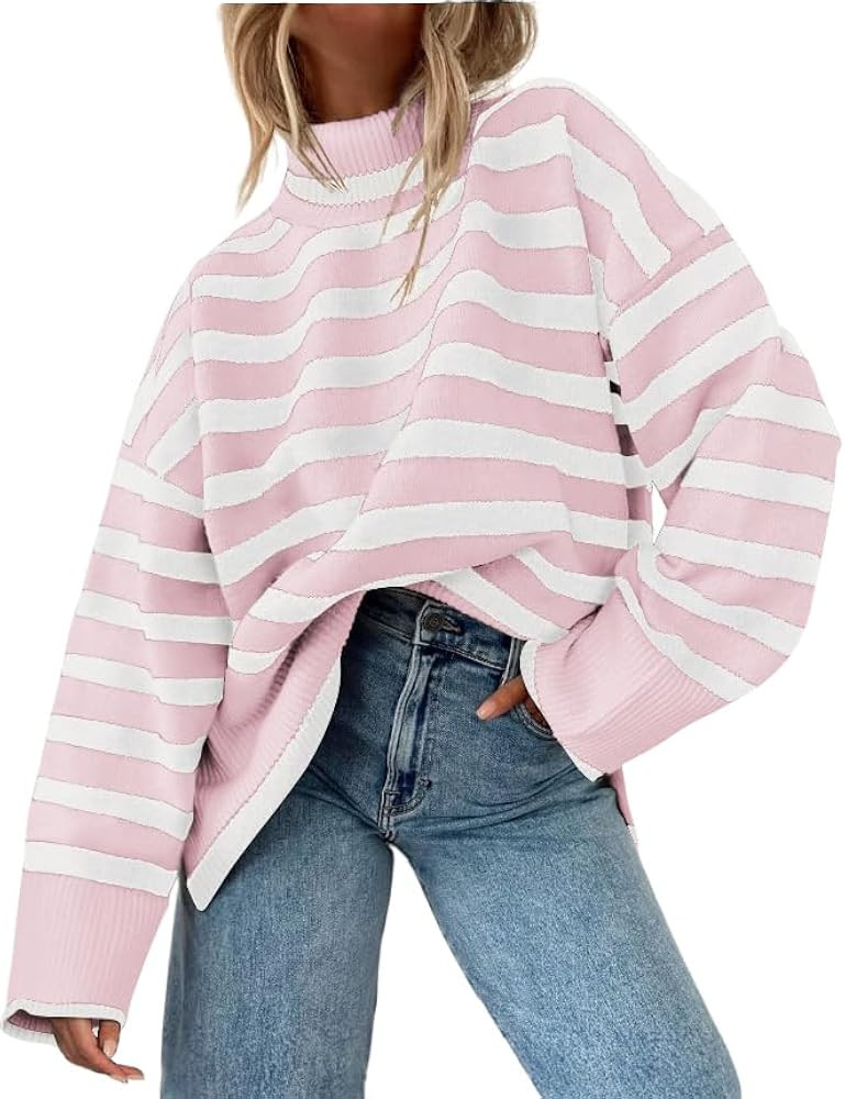 AGSEEM Fall Sweaters for Women Pullover Long Sleeve Turtleneck Striped Cable Knit Side Slit Tops ... | Amazon (US)