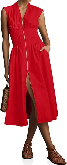 Wenrine Womens Smocked Midi Dress Zipper V Neck Long Summer Dresses | Amazon (US)