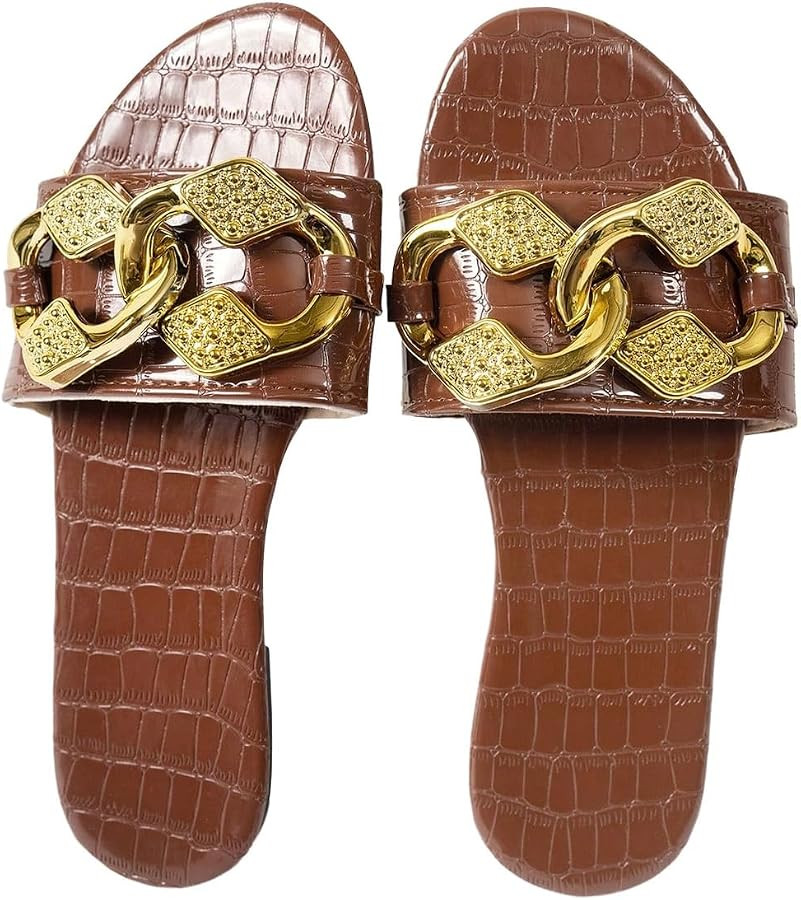 OYOANGLE Women's Gold Chain Crocodile Embossed Sandals Dressy Metallic Flats Open Toe Slides | Amazon (US)
