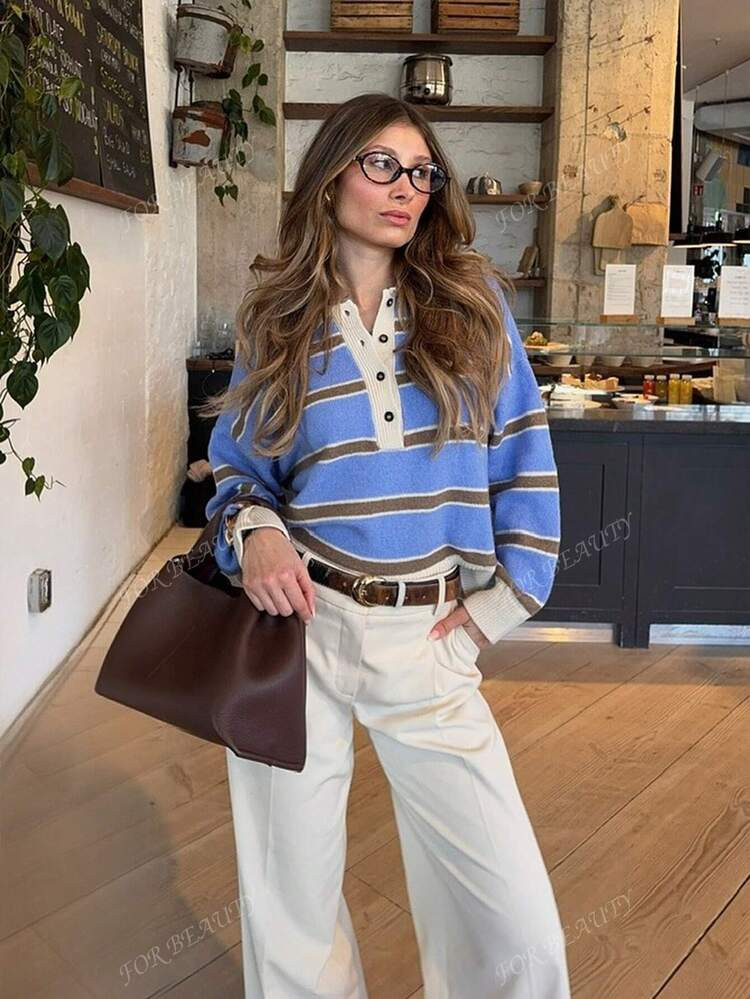 FOR BEAUTY Autumn And Winter New Women's Polo Collar Contrasting Striped Long Sleeved Knitted Sweater Top, Fashionable, Gentle, Simple, Versatile, Casual And Lazy Style Suitable For Daily Commuting Sweater Pullover, Women's Clothing Chrismas Keep Warm Sweater | SHEIN