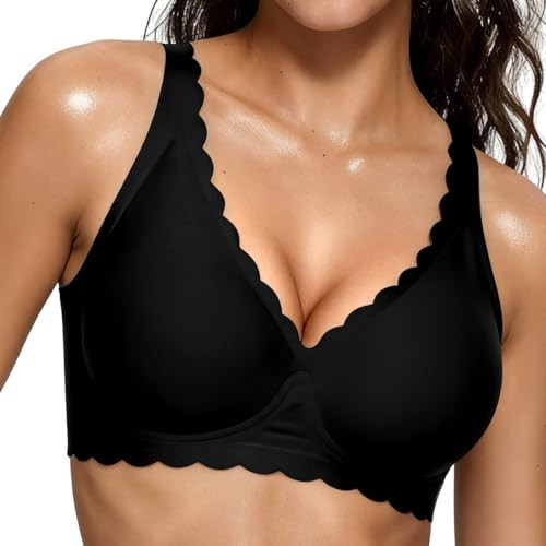 Avara Diary Jelly Wireless Bras for Women Scalloped Plunge Push Up Seamless Bralette Full Coverage No Underwire T-Shirt Bra Black | Amazon (US)