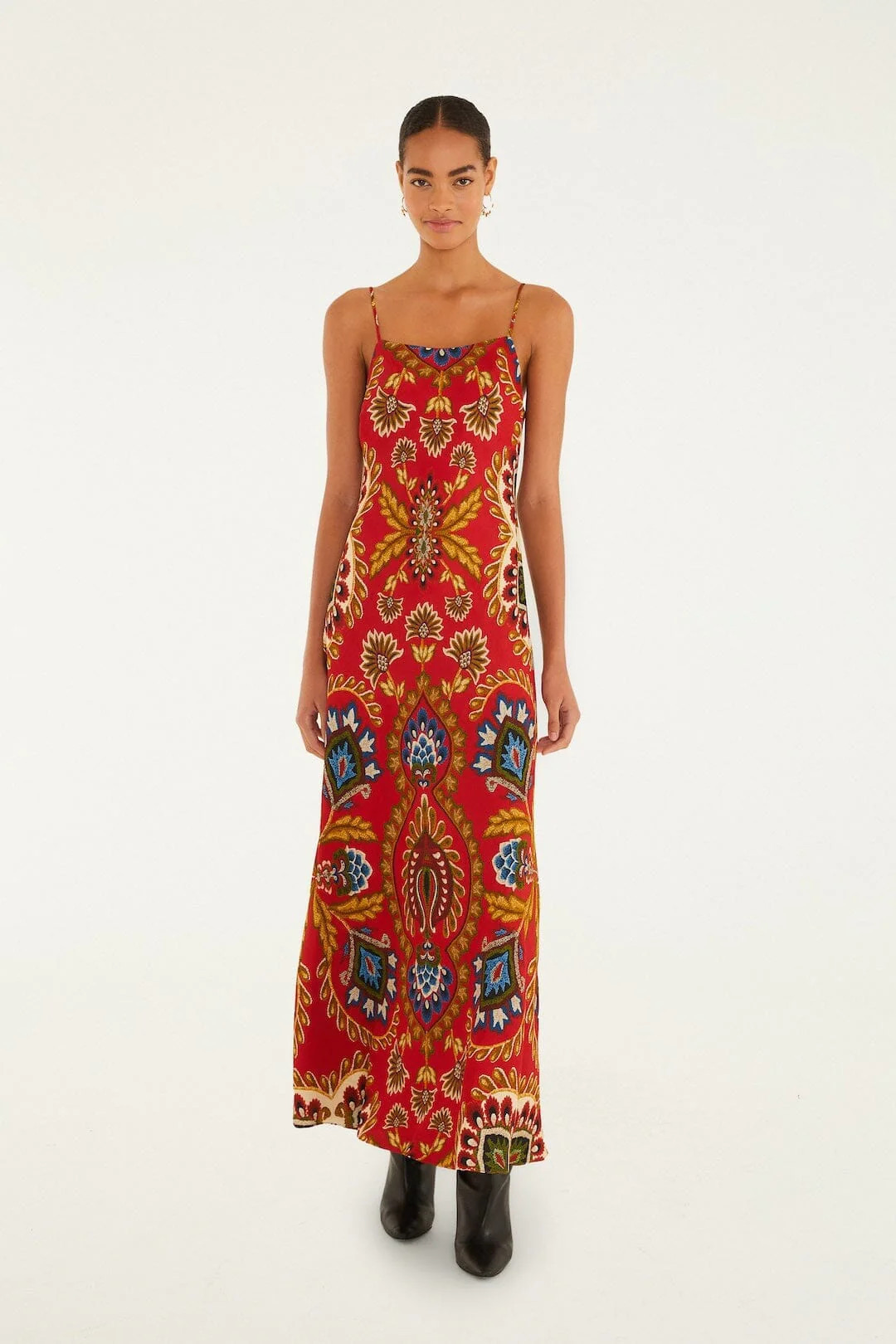 Red Folk Tapestry Lenzing Ecovero Viscose Slip Maxi Dress, FOLK TAPESTRY RED / S | FarmRio (US)
