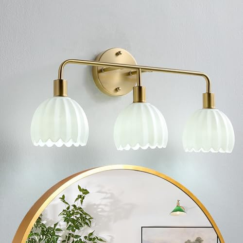 vivihobb Brushed Gold 3-Light Vanlity Light Over Mirror,Wall Sconces,Gold Brass Bathroom Light Fixture with Milk White Glass Flower Shade,E26 Socket(Bulbs Not Included) | Amazon (US)
