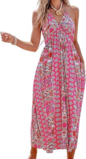 CUPSHE Women's Backless Paisley Floral Beach Dress Halter Neck Ruffle Plunging V Spaghetti Straps... | Amazon (US)
