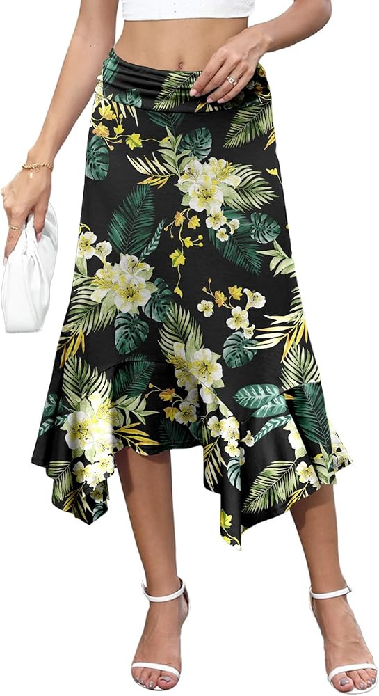 YSYOKOW Midi Skirts for Women Summer High Waisted Flowy A-Line with Asymmetrical Ruffle Hem Stret... | Amazon (US)