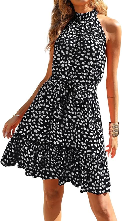 BTFBM Women 2024 Summer Halter Neck Dresses Sleeveless Casual Floral Polka Dot Print Short Boho R... | Amazon (US)