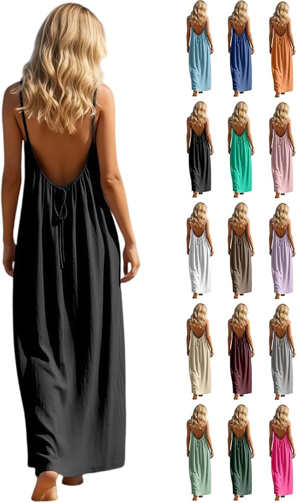 Backless Cami Dress for Women 2026 Summer Sleeveless Spaghetti Strap Flowy Beach Vacation Long Su... | Amazon (US)