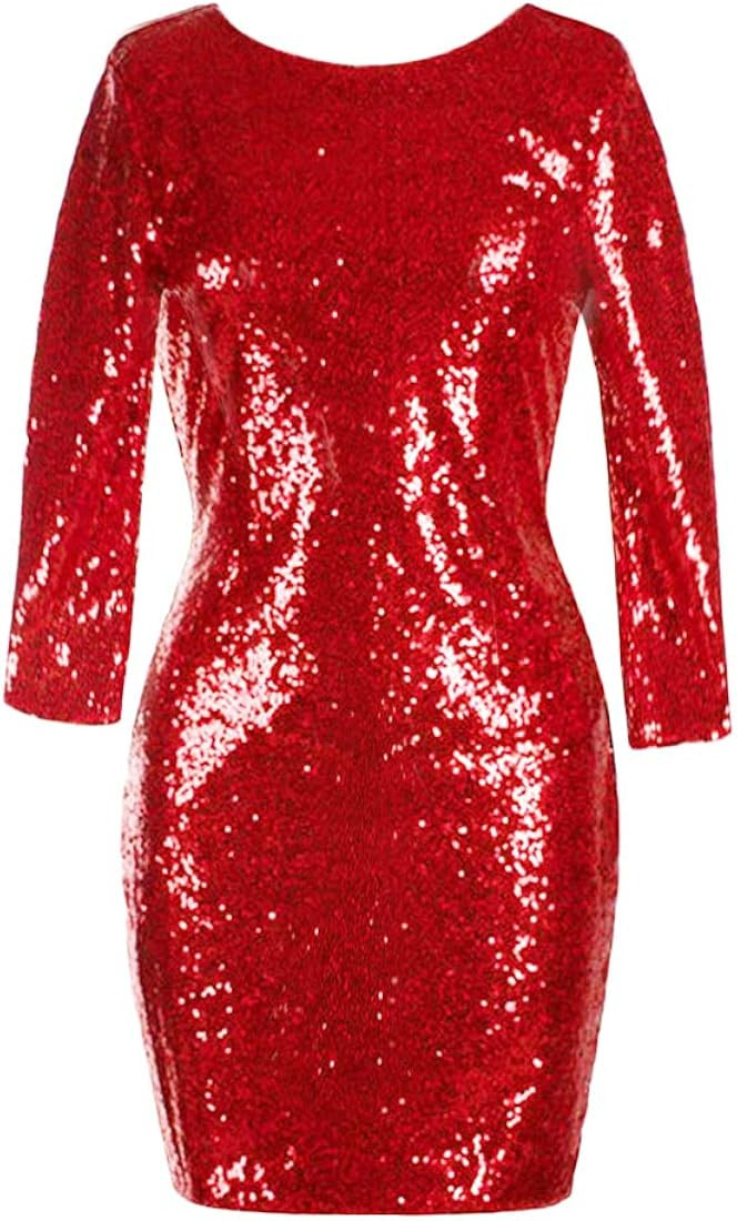 Womens 3/4 Sleeve V Neck Sequin Sparkle Glitzy Glam Flapper Party Dress Cocktail Glitter Bodycon ... | Amazon (US)