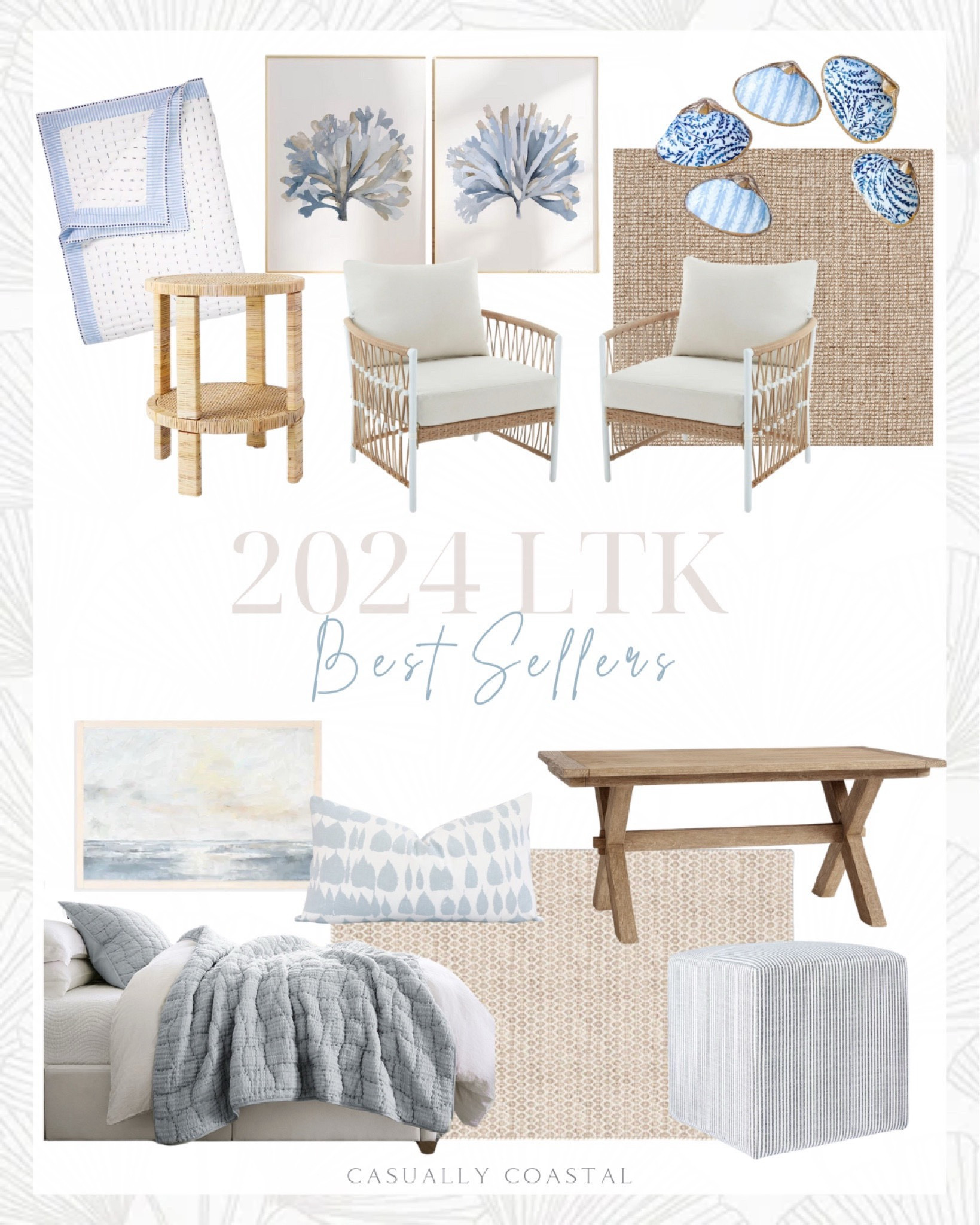 2024 LTK Best Sellers

Coastal home decor, coastal style, coastal home, coastal rug, coastal end table, coastal pillows, coastal wall art, coastal artwork, coastal bedding, Etsy artwork, light blue seaweed wall decor, Etsy quilt, white and blue quilt, outdoor wicker lounge chair, long lumbar body pillow, extending dining table, pottery barn dining table, coastal dining table, pottery barn quilt, chunky wool jute rug, neutral rug, square ottoman, coastal ottoman, round rattan wrapped accent table, wood accent table, wool geometric rug, decoupage shell trinket dish, framed ocean art 

#LTKFindsUnder50 #LTKFindsUnder100 #LTKHome