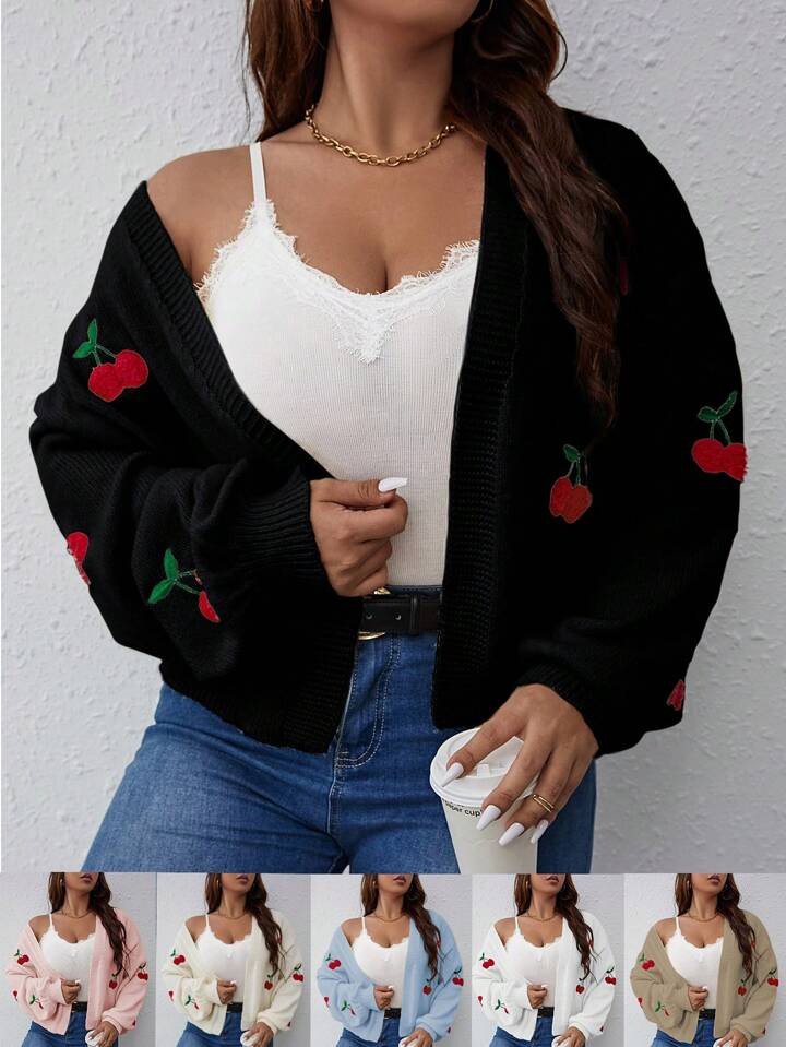 Franclia Plus Size Women's Black Cherry Embroidery Lantern Sleeve Off Shoulder Casual Knit Cardig... | SHEIN