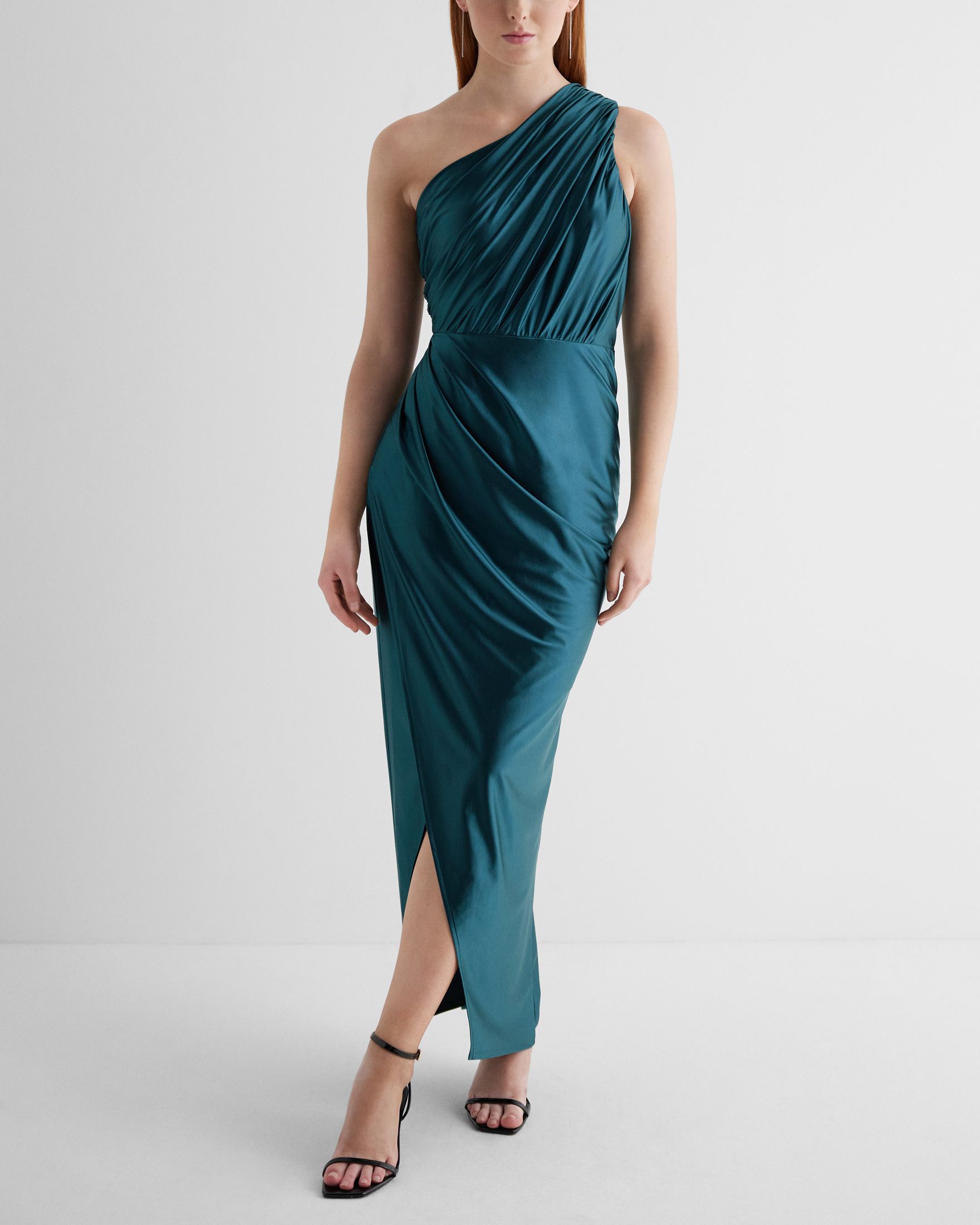 Satin One Shoulder Ruched Maxi Dress | Express