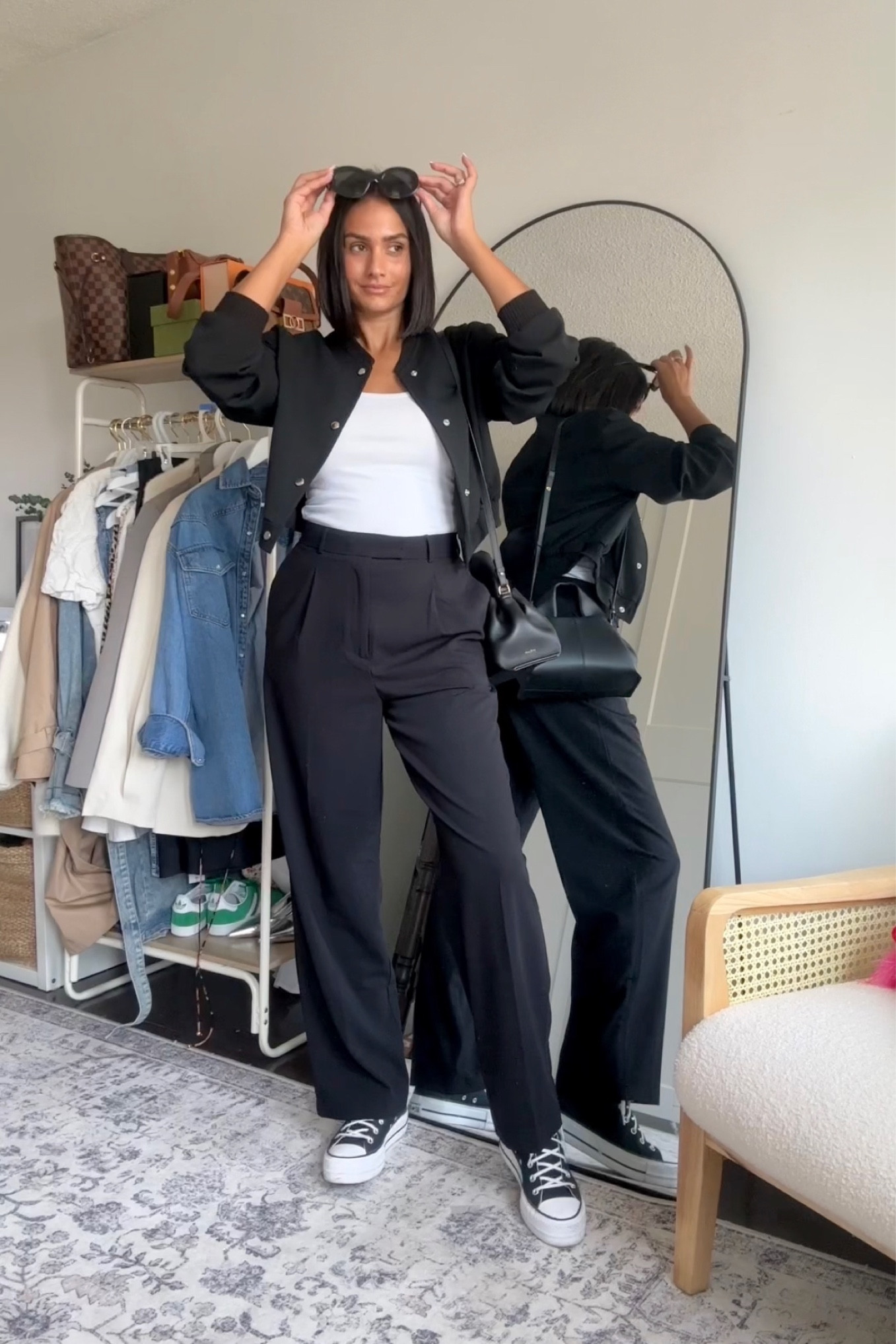 Small tank 
Size 6 pants 
Linking similar bombers 
Bag is from Polene 

#LTKSeasonal #LTKfindsunder100 #LTKstyletip