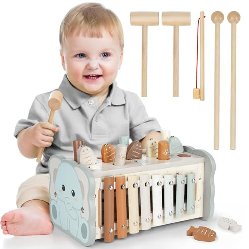 DINORUN Montessori Toys for 1 Year Old Boy Gifts: Wooden Hammering Pounding Toy with Xylophone/Fishing Game for Toddler Girls Age 1-2, 1st One First Christmas Birthday Gift for Baby 6-12-18 Months | Amazon (US)