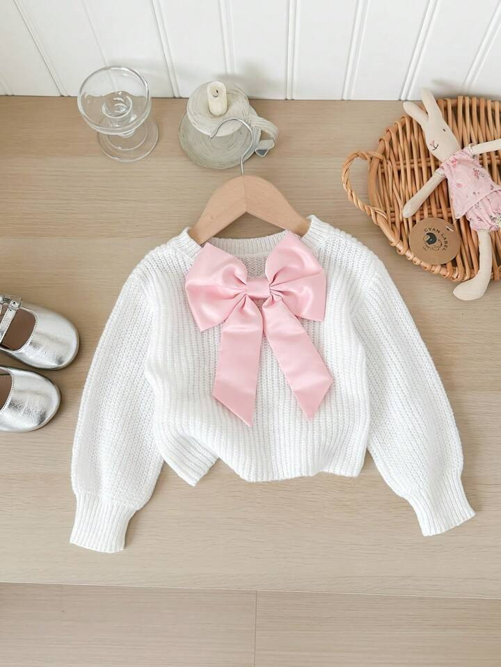 SHEIN Baby Girl Color-Block Big Bow Crew Neck Form-Fitting Casual Sweater | SHEIN