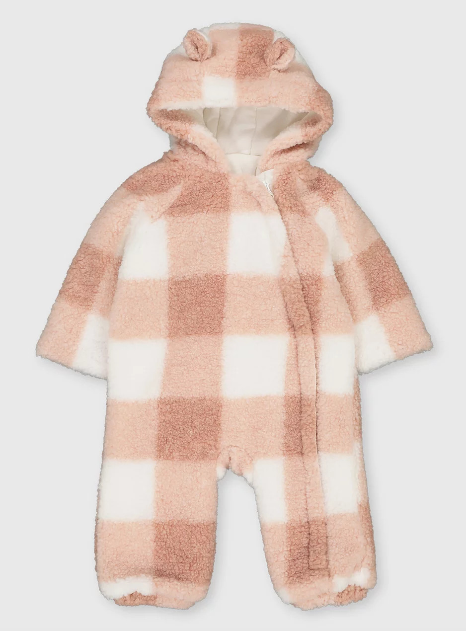 Pink & Cream Borg Check Pramsuit (0-3 Years) | Tu Clothing