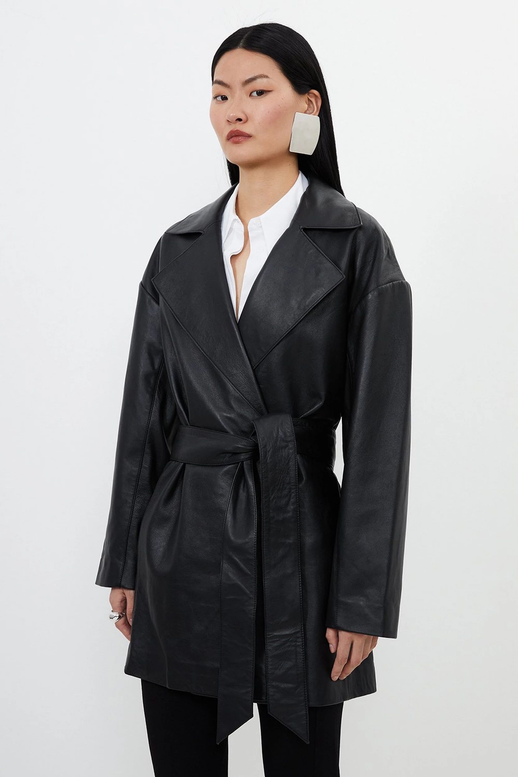 Leather Relaxed Fit Tailored Belted Coat | Karen Millen UK + IE + DE + NL