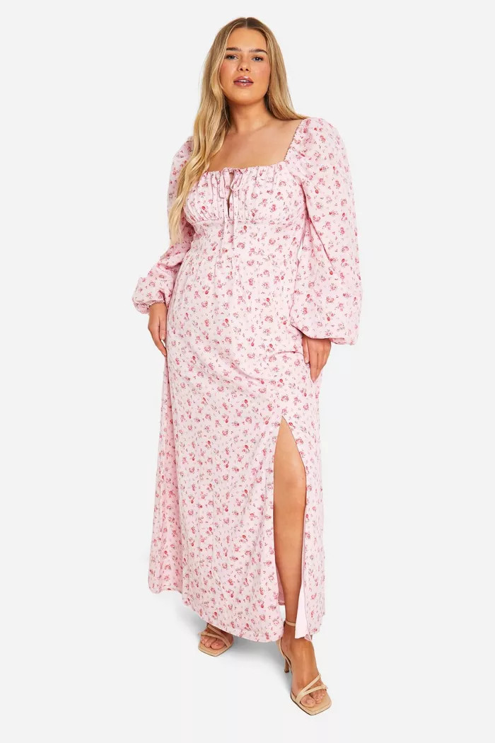 Plus Ditsy Balloon Sleeve Milkmaid Maxi Dress | boohoo (US & Canada)