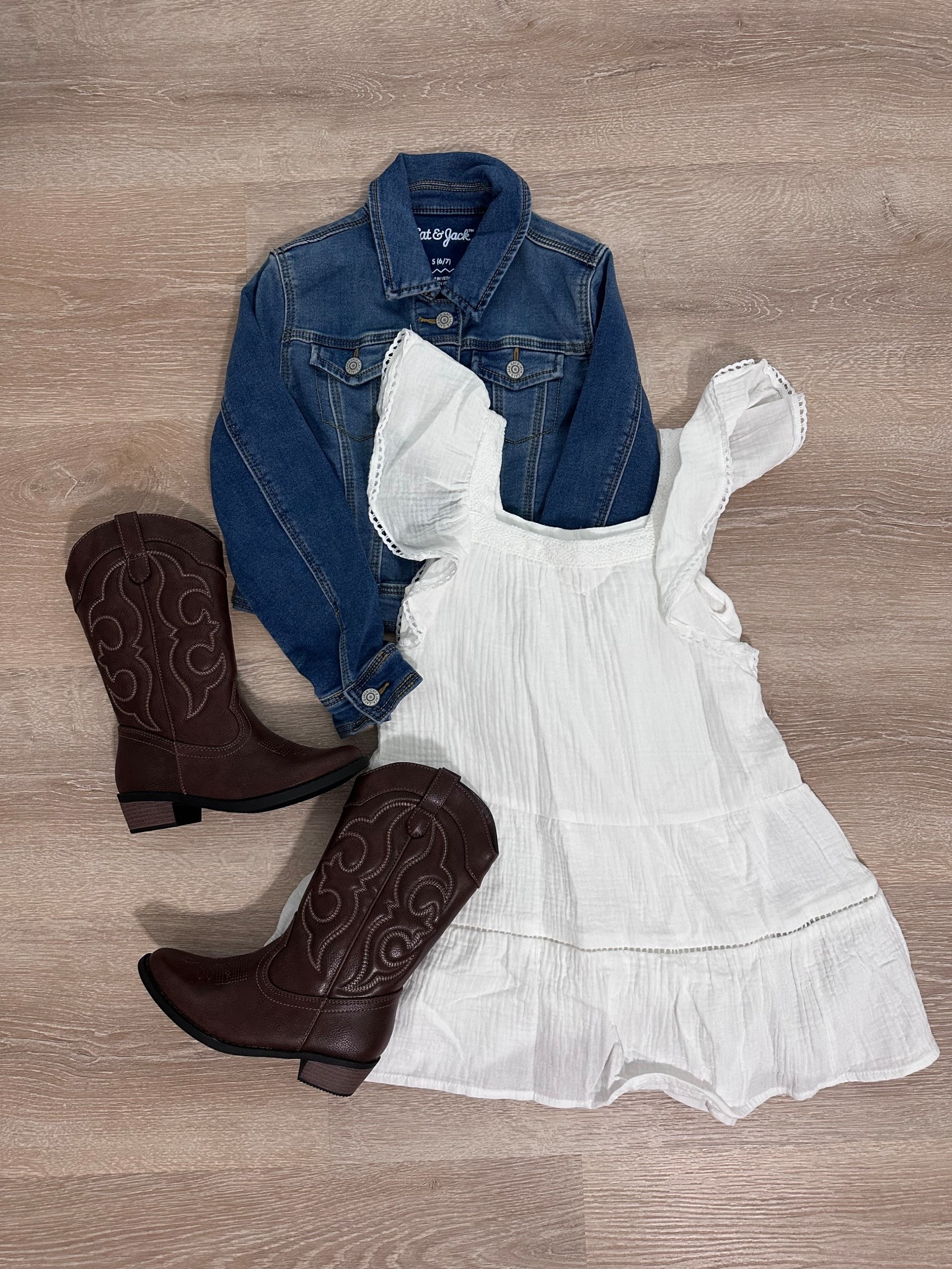 Classic, comfy, and picture-perfect 🤎 This grade school look is perfect for school, family photos, and fall adventures. A medium wash jean jacket with snap closure layers beautifully over a white flutter sleeve gauze dress, and the brown Kids' Montana Western Boots with mid-calf zipper closure, almond toe, and textured outsole pull the whole outfit together. A timeless combo she can wear again and again. 📸✨
#LTKkids #BackToSchoolStyle #GirlsFallFashion #MiniStyleInspo #FamilyPhotoOutfits #WesternBoots #LTKfamily #GradeSchoolStyle #FallKidsFashion

#LTKKids #LTKautumn #LTKSeasonal

#LTKFindsUnder50 #LTKSaleAlert #LTKKids