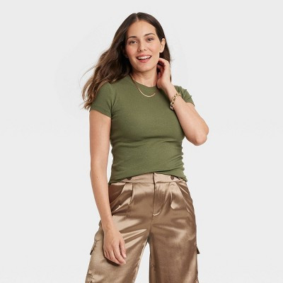 Women's Slim Fit Short Sleeve Ribbed T-Shirt - A New Day™ Olive Green XS: Cotton Modal Blend, Crew Neck | Target