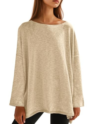 Tankaneo Womens Long Sleeve Shirts Oversized Lightweight Sweaters Crewneck Side Slit Hem Casual Blouse Tunic Tops Beige | Amazon (US)