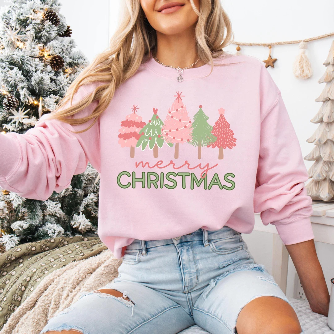 Pink Tree Christmas Sweatshirt, Pink Christmas Sweater, Merry Christmas Pink Tree Sweatshirt, Wom... | Etsy (US)