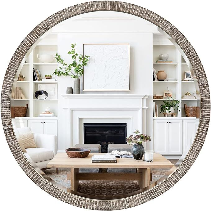 GIFTTROVE 35" Round Wood Mirror, Large Round Mirror with Beveled, Wood Round Mirror for Wall Deco... | Amazon (US)