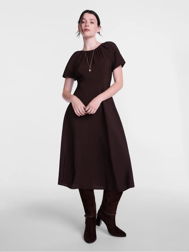 Scenario Women's and Women's Plus Puff Sleeve Seamed Dress, Sizes XS-4X | Walmart (US)