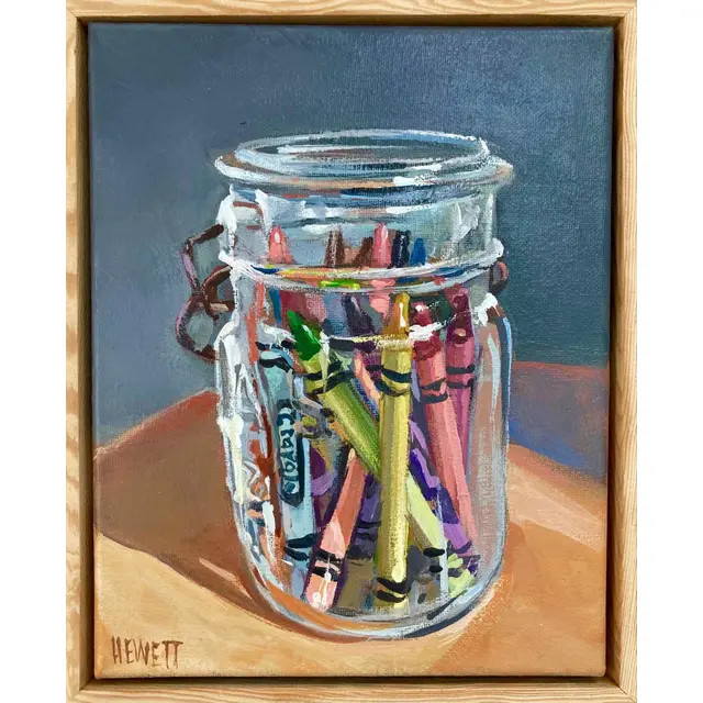 "Crayons in a Ball Jar" Contemporary Still Life Acrylic Painting, Framed | Chairish