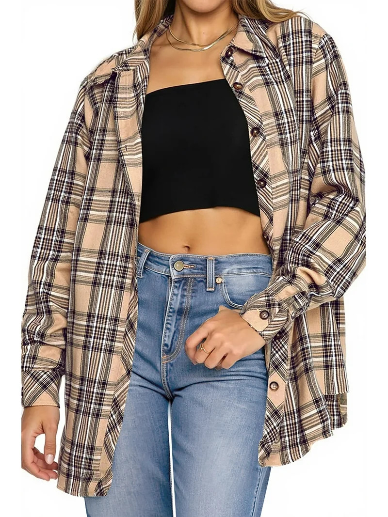 Fantaslook Plaid Flannel Shirts for Women Oversized Long Sleeve Button Down Shirts Blouses Tops | Walmart (US)