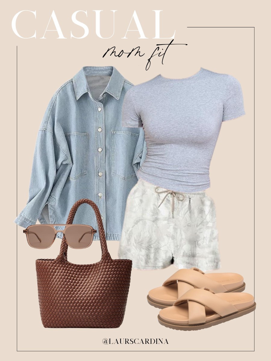 This casual mom fit includes a gray crewneck tee with botanical print shorts, a button up denim shirt, brown woven tote bag, sunglasses, and tan slide sandals.

Ootd, summer outfit, amazon fashion, casual outfit idea 

#LTKShoeCrush #LTKFindsUnder50 #LTKStyleTip