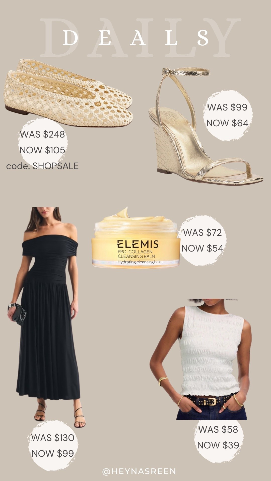 Daily deals on Madewell ballet flats, Vince Camuto wedges, Elemis cleansing balm , Madewell top, Abercrombie dress 