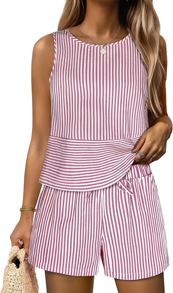 ANRABESS Womens 2 Piece Outfits Striped Summer Casual Sleeveless Tank Top Matching Shorts Lounge ... | Amazon (US)