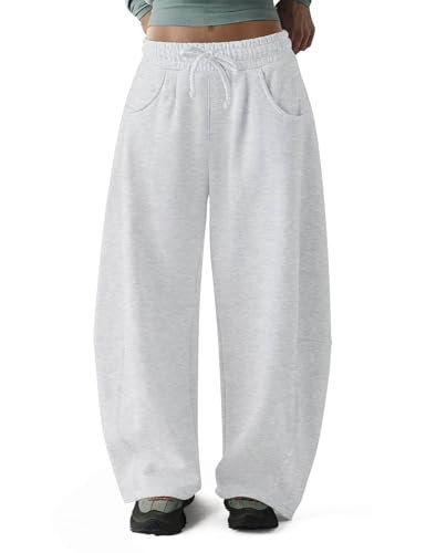 HeSaYep Women's Wide Leg Barrel Sweatpants Fleece Lined Baggy Sweat Pants Drawstring High Waisted Casual Pants Cotton Palazzo Trousers with Pockets White Grey S | Amazon (US)