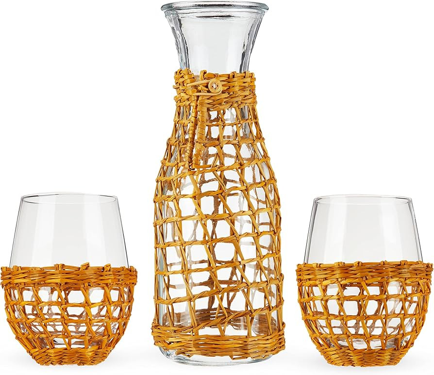 Twine Island Wine Glasses with Carafe, Stemless Glassware with Seagrass Wrap for Night Stand, Dis... | Amazon (US)