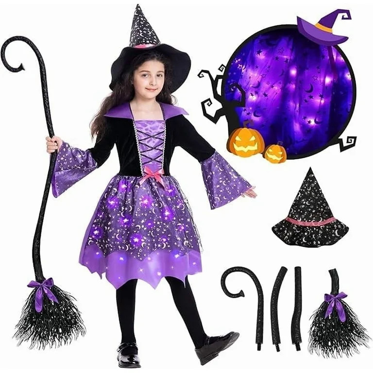 Light Up Witch Costume for Girls, Witch Halloween Costumes with Witch Broom Hat Dress for Hallowe... | Walmart (US)