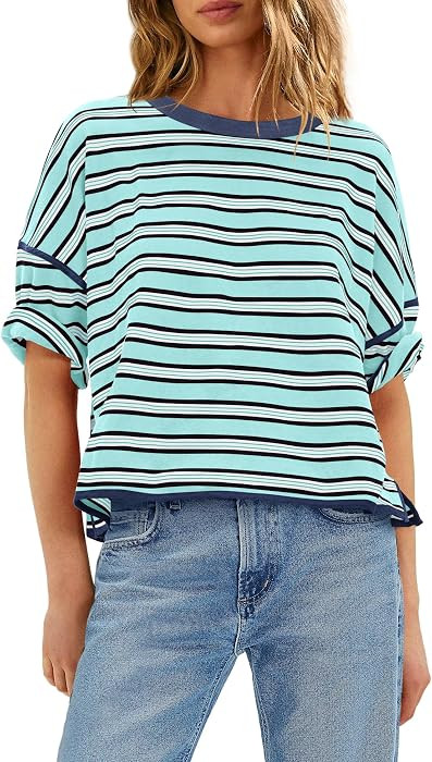 LAMISSCHE Womens Striped T Shirts Short Sleeve Tops Oversized Tee Shirts | Amazon (US)