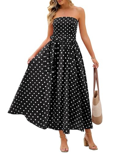 MEROKEETY Women's 2026 Summer Floral Strapless Maxi Dress Boho Tube Smocked Tie Wedding Guest Cocktail Long Dresses, Black, Medium | Amazon (US)