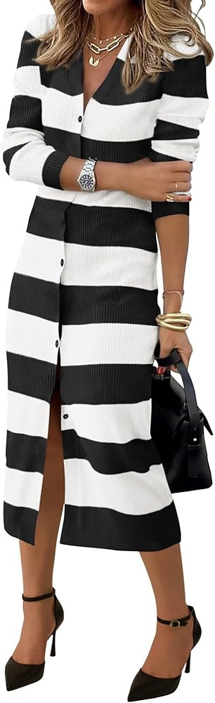 PRETTYGARDEN Women's Fall Sweater Dresses 2025 Long Sleeve V Neck Button Ribbed Knit Stripes Body... | Amazon (US)
