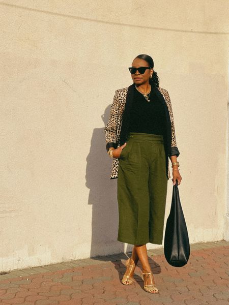 Leopard Blazer, gold caged shoes, linen culottes and black tee shirt 

#LTKstyletip