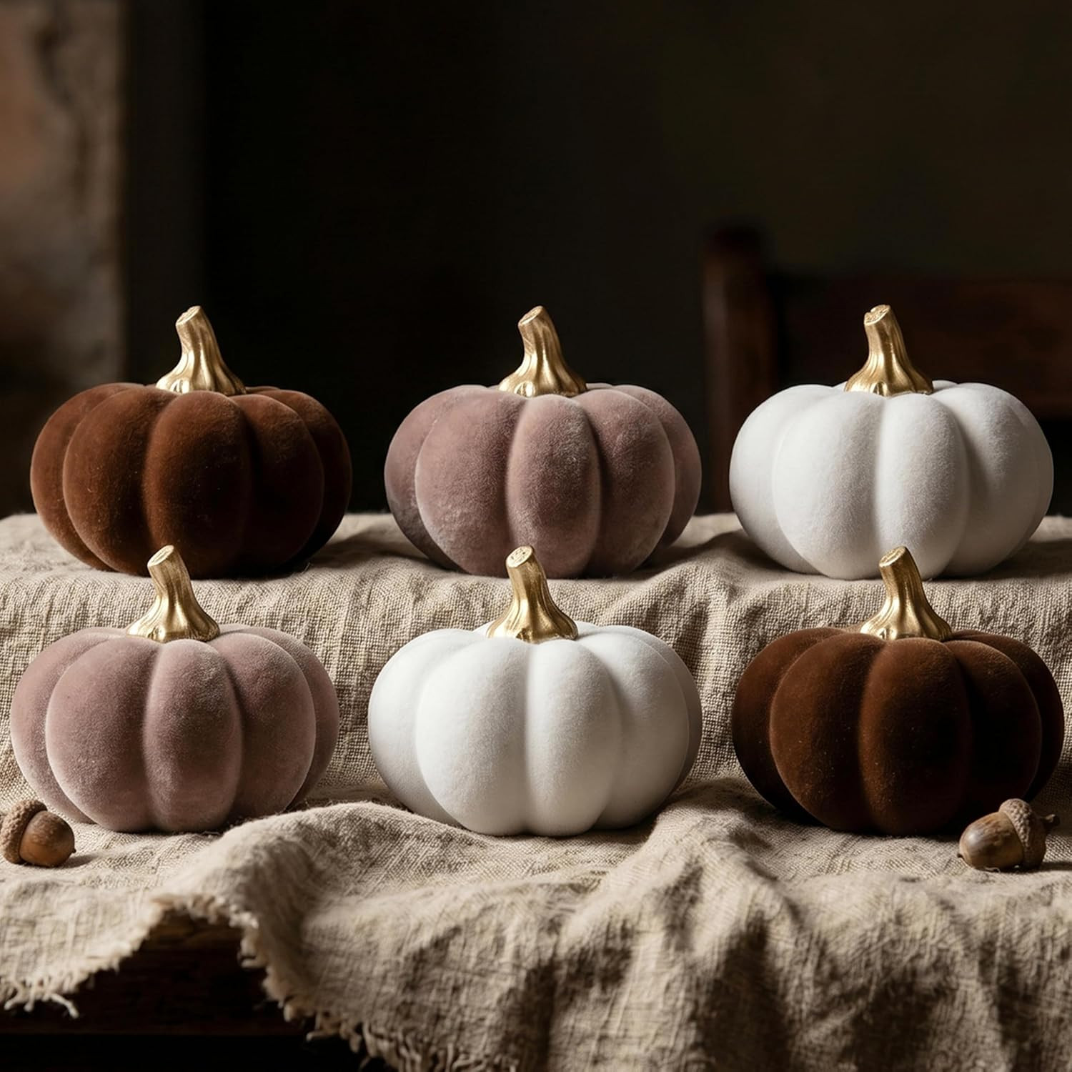 6Pcs White Brown Fall Pumpkin Decor, Small Velvet Flocked Pumpkin Figurine | Amazon (US)