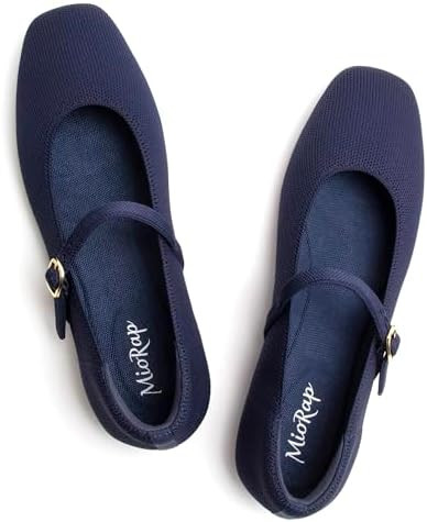 Square Toe Mary Jane Flats for Women Dressy Comfortable Knit Ballet Flat Adjustable Strap for Wor... | Amazon (US)