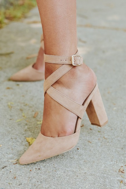 Bellflower Nude Cross Strap Pointed Block Heels | Magnolia Boutique