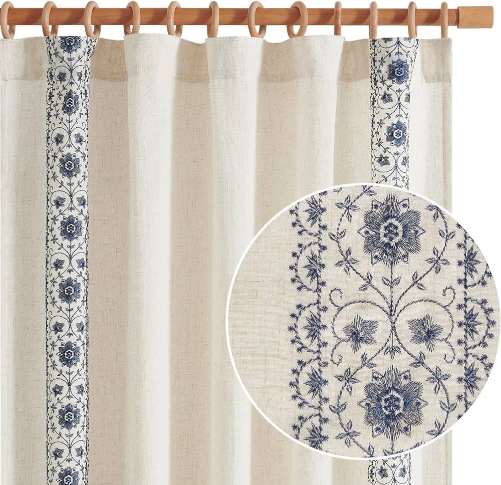 jinchan Linen Curtains for Bedroom Blue Vintage Floral Farmhouse Curtains 96 Inches Long Boho Cur... | Amazon (US)