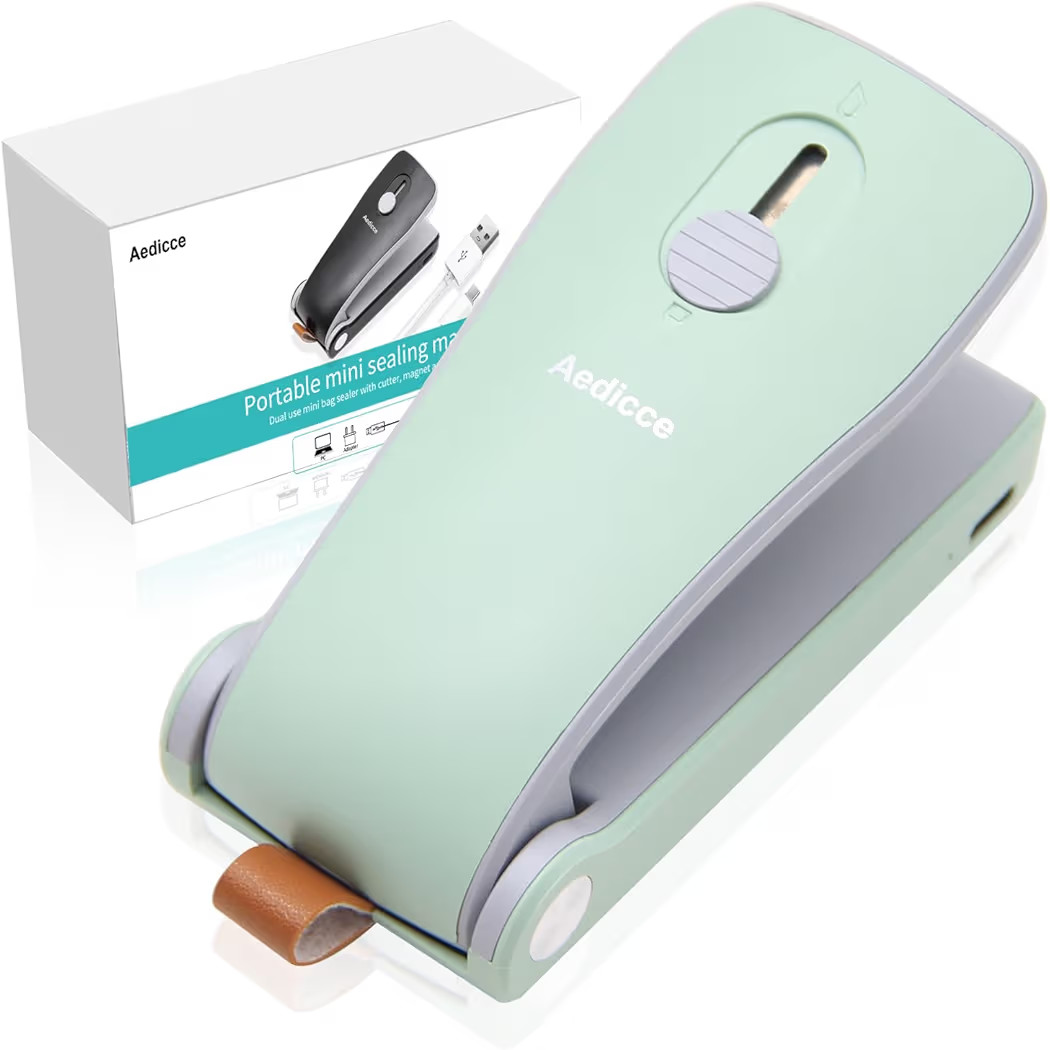 Mini Bag Sealer, USB Rechargeable Chip Bag Sealer Heat Seal, 2 in 1 Bag Sealer Heat Seal with Cutter, Portable Bag Resealer for Plastic Bags Snacks & Food Storage(Green) | Amazon (US)
