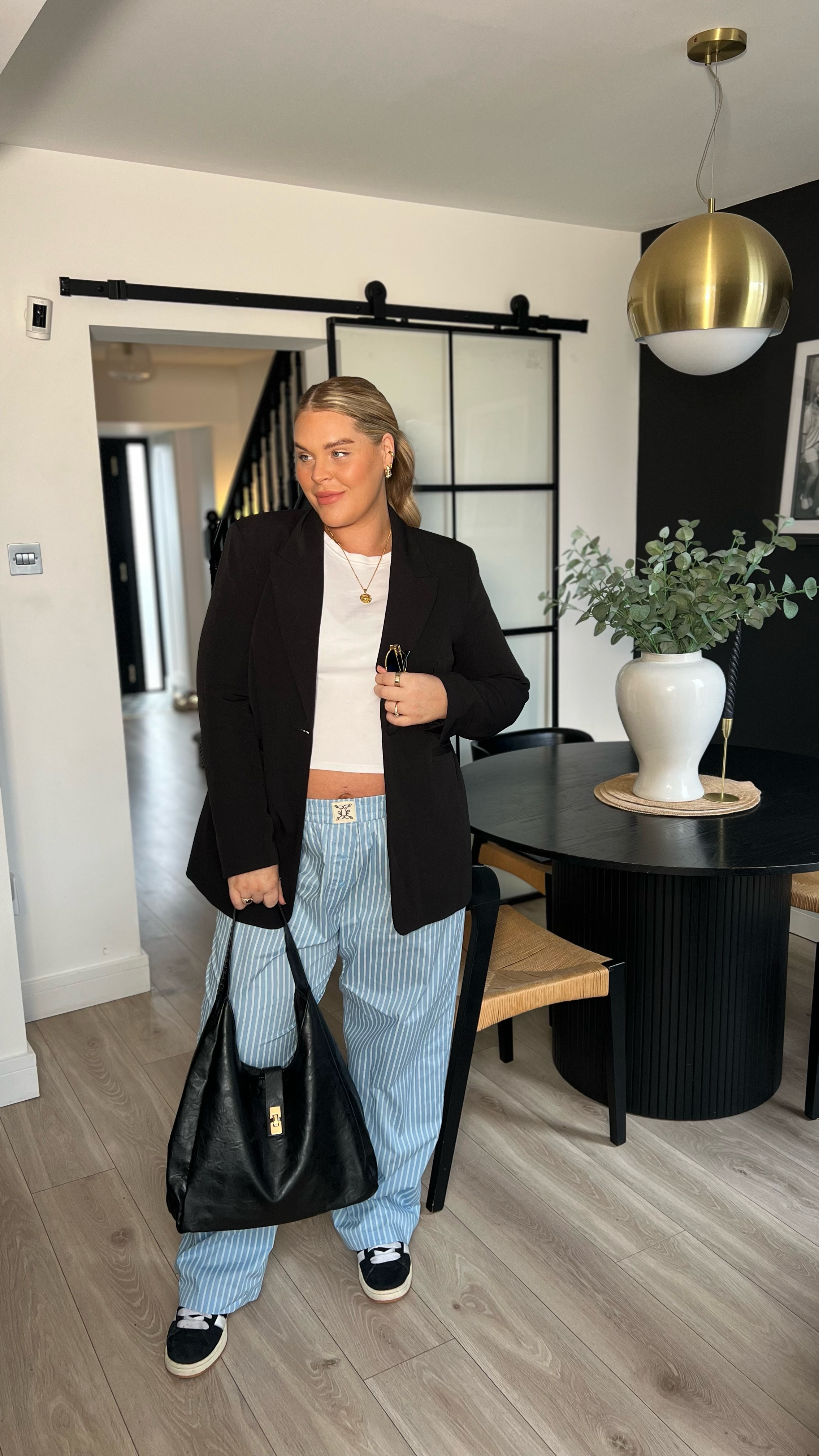 OOTD. Casual style. Mum style. Everyday outfit. Pyjama trousers. Striped trouser. Black blazer. Comfy outfit. Size 16. Size 18. Midsize. Plus size. ASOS. River island. 

#LTKstyletip #LTKmidsize #LTKcurves