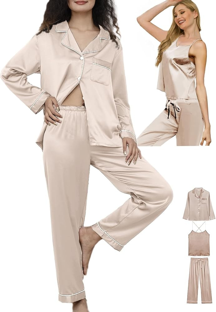 Womens 3Pcs Silk Satin Pajamas Long Set Sexy Cami Top Pajama Sleepwear Silky Pj Sets Loungewear P... | Amazon (US)