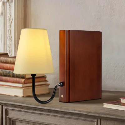 Wooden Bookshelf Lamp With Bulb, Cordless Rechargeable Touch Dimmable Table Lamp, Linen Fabric Shade, Battery Operated, Modern Decorative Bookend For | Wayfair North America
