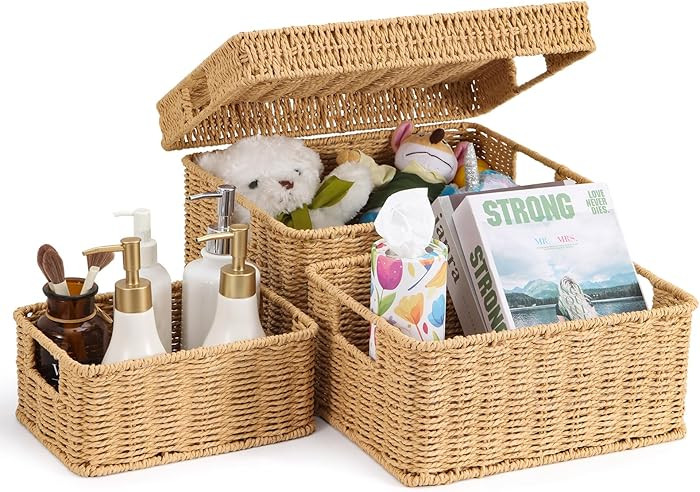 Wicker Storage Basket with Lid - Woven Basket for Storage,Rectangular Decorative Boxes Bins with ... | Amazon (US)