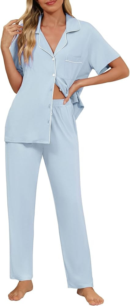 Senert Women Pajamas Set Short Sleeve Sleepwear Button Down Shirt with Long Pants Soft Pjs Set Ni... | Amazon (US)
