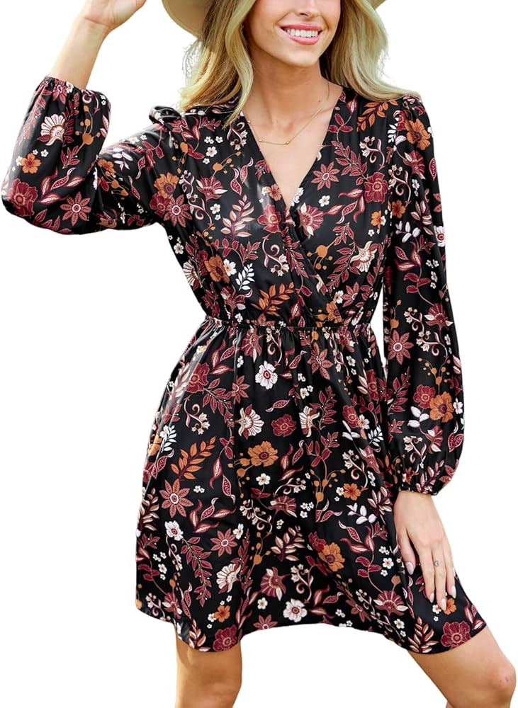 CUPSHE Women Floral Ruffle Fall Mini Dress Long Sleeve Surplice V Neck Elastic Waist A Line Flowy... | Amazon (US)